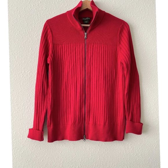 Eddie Bauer Red Ribbed Zip Sweater 100 % Cotton Size L - Picture 1 of 5